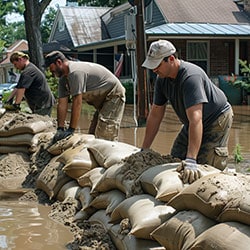 men laying sandbags during a flood
