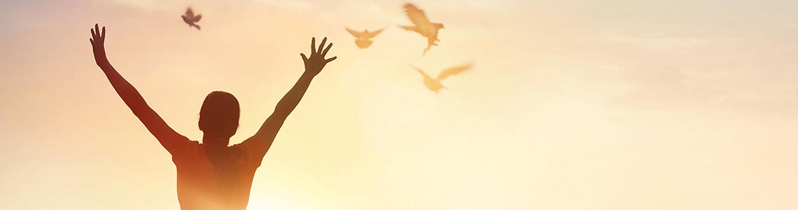 Woman standing in the sunset with birds flying in the distance.