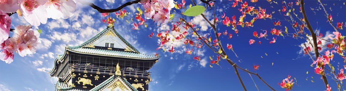 building with flowering trees