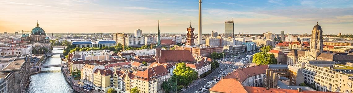 Berlin, Germany skyline with television tower and cathedral