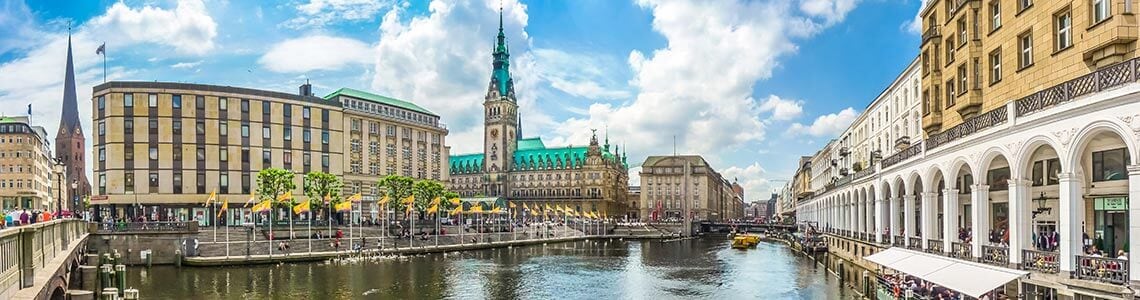 Hamburg city center with town hall and Alster river