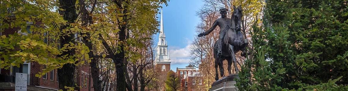 Paul Revere Statue in front of the Old North Church in Massachusetts